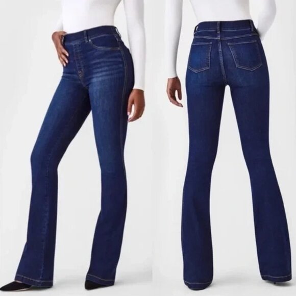 Spanx Flare Jeans Large Midnight Shade High Rise Pull on Stretch 20327R - Picture 1 of 11